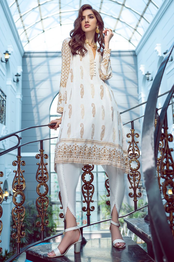 Classy Off-White Flared Bottom Kurti With Traditional Gold & Rust Block Print